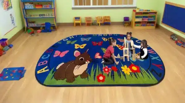 Bunny Alphabet and Counting Classroom Area Rug in Room